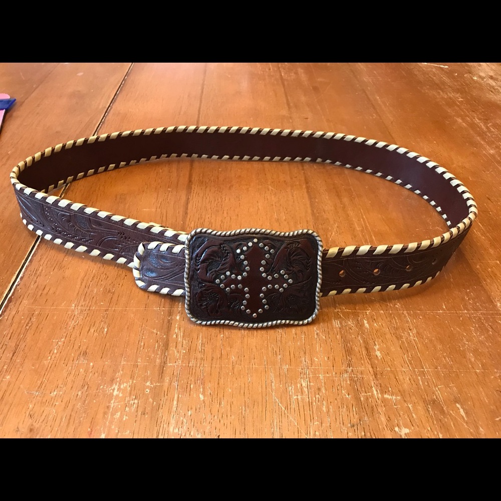 Tooled vegan leather belt with removable buckle